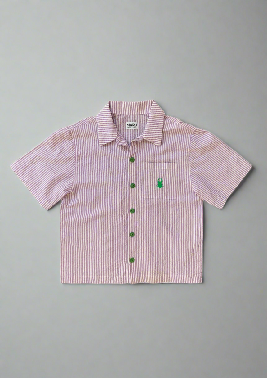 MARJ embroidered short sleeved shirt in lilac cotton seersucker upycling