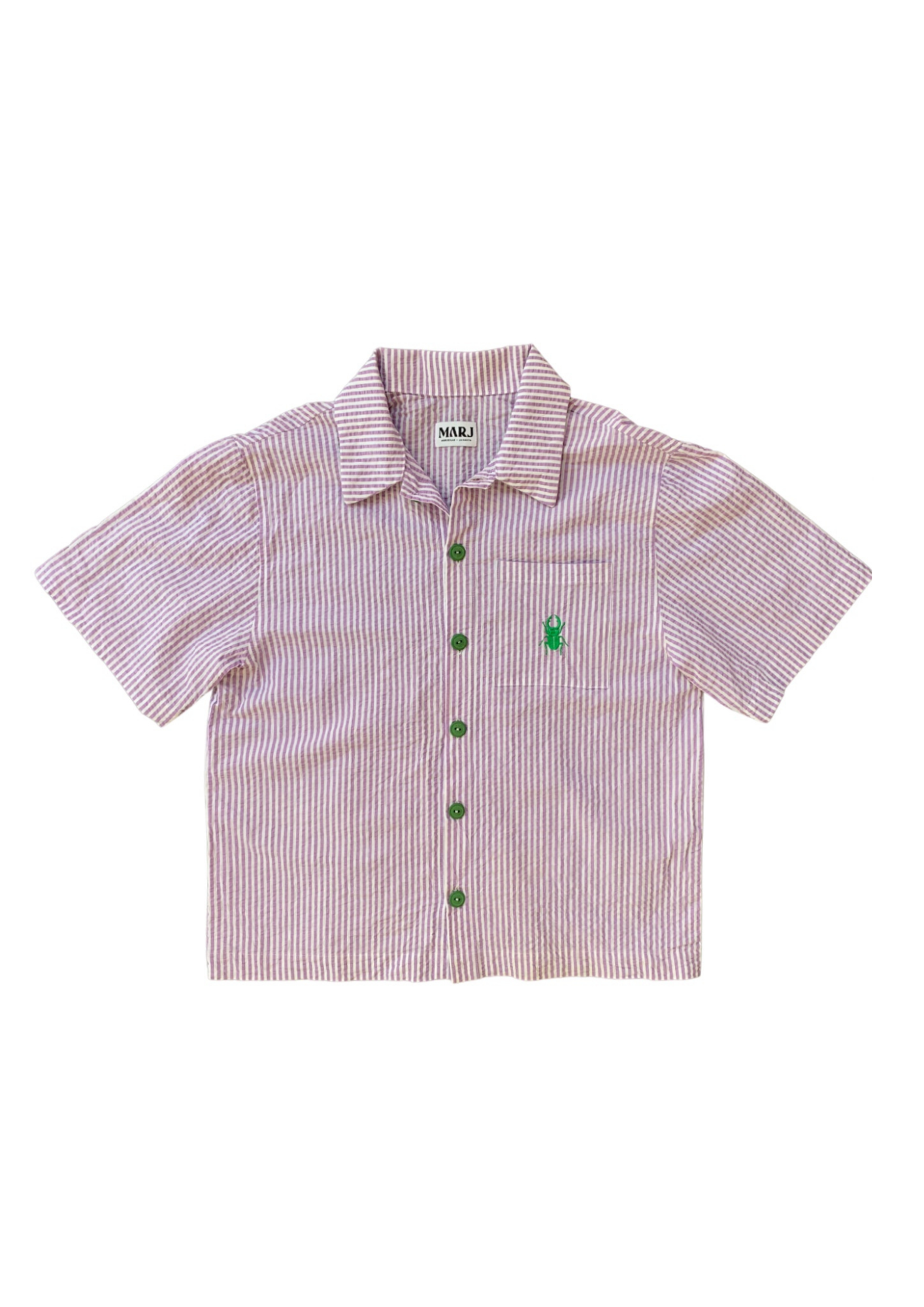 MARJ embroidered short sleeved shirt in lilac cotton seersucker upycling