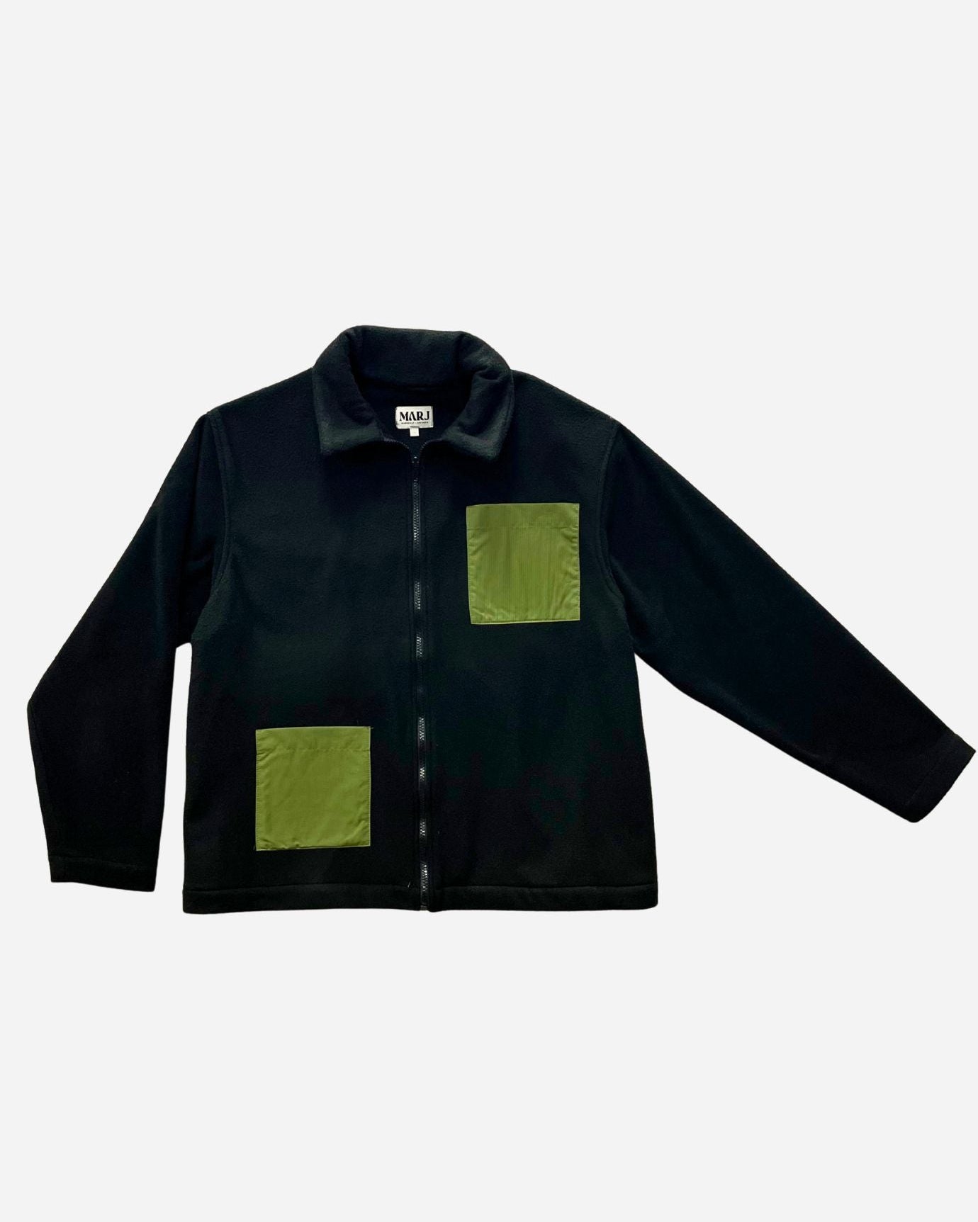 sustainable Black fleece jacket with green square patches MARJ