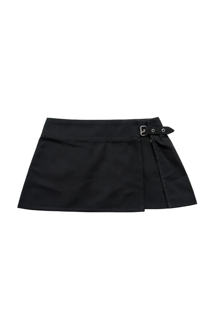 A black wrap-style mini skirt with a side belt and silver-tone buckle, displayed flat against a white background.