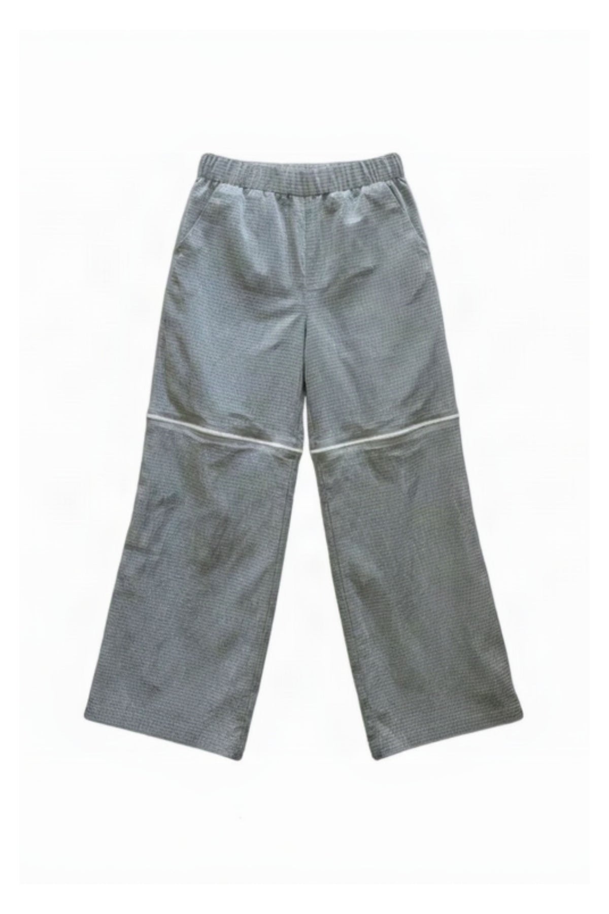 A pair of gray wide-leg pants with a matching gray elastic waistband, laid flat against a white background MARJ