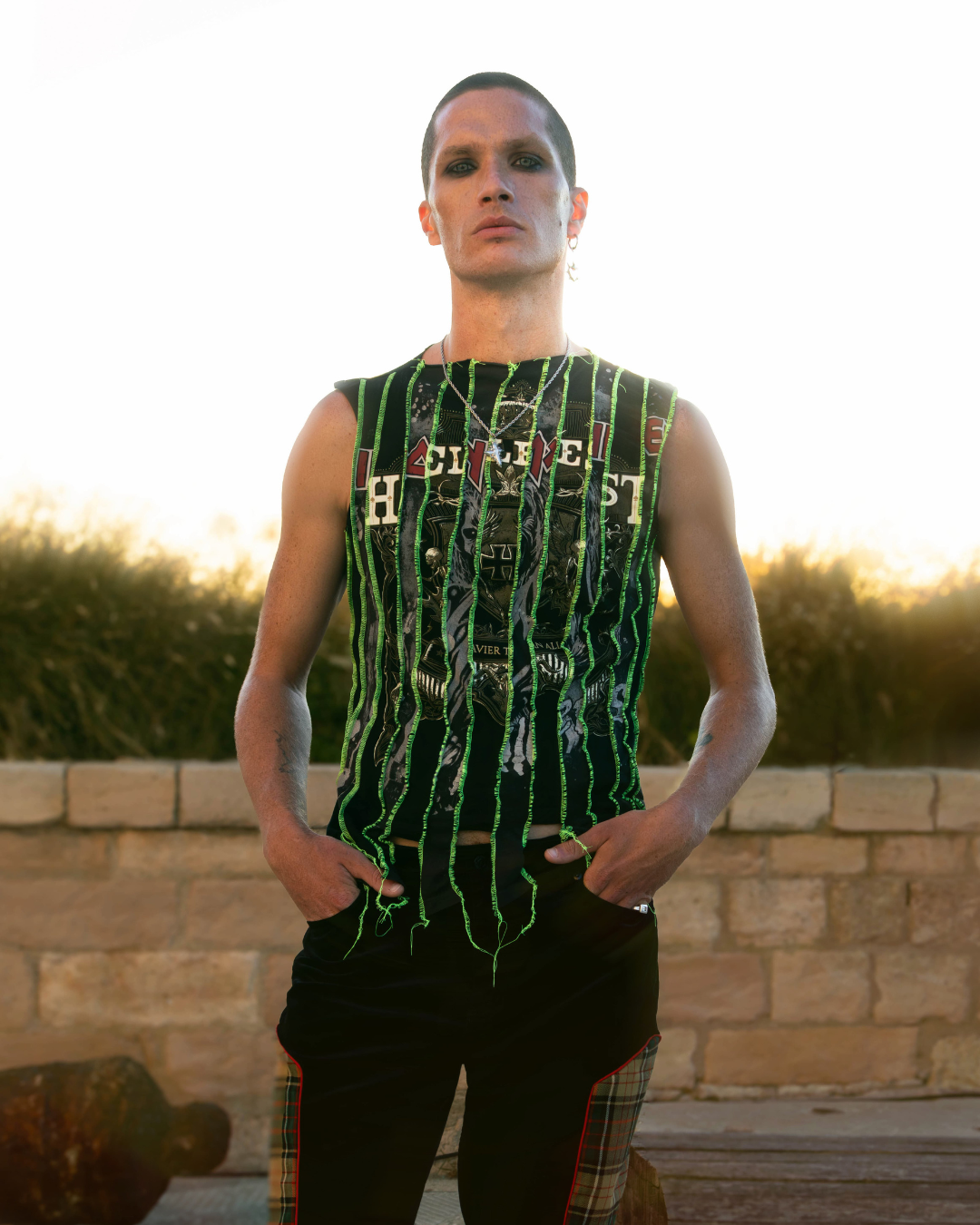 MARJ upcycled metal tank top #001 made from vintage Iron Maiden and Hellfest T-shirts with neon green overlock stitching.