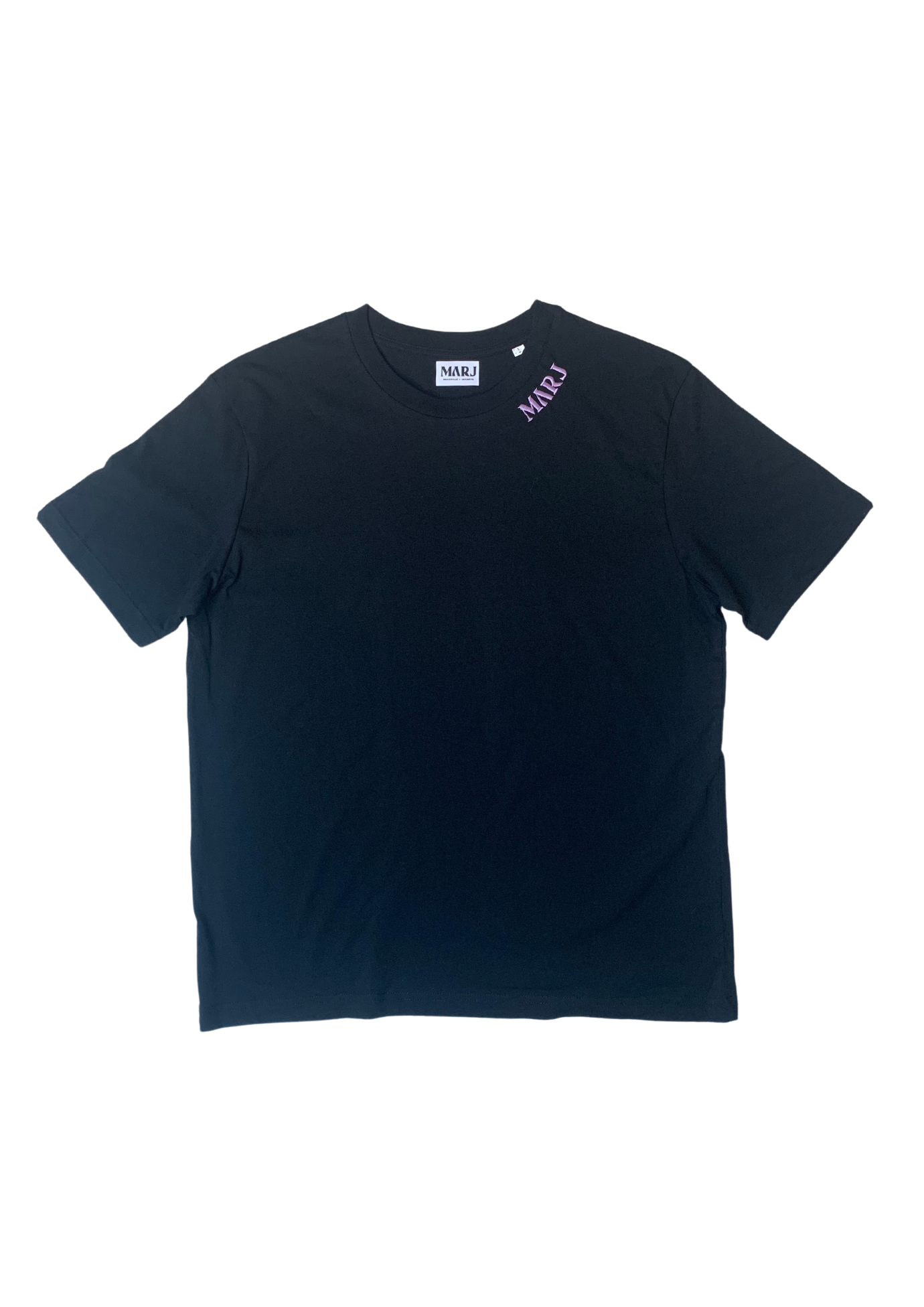 MARJ sustainable fashion black T shirt lavender embroidery streetwear