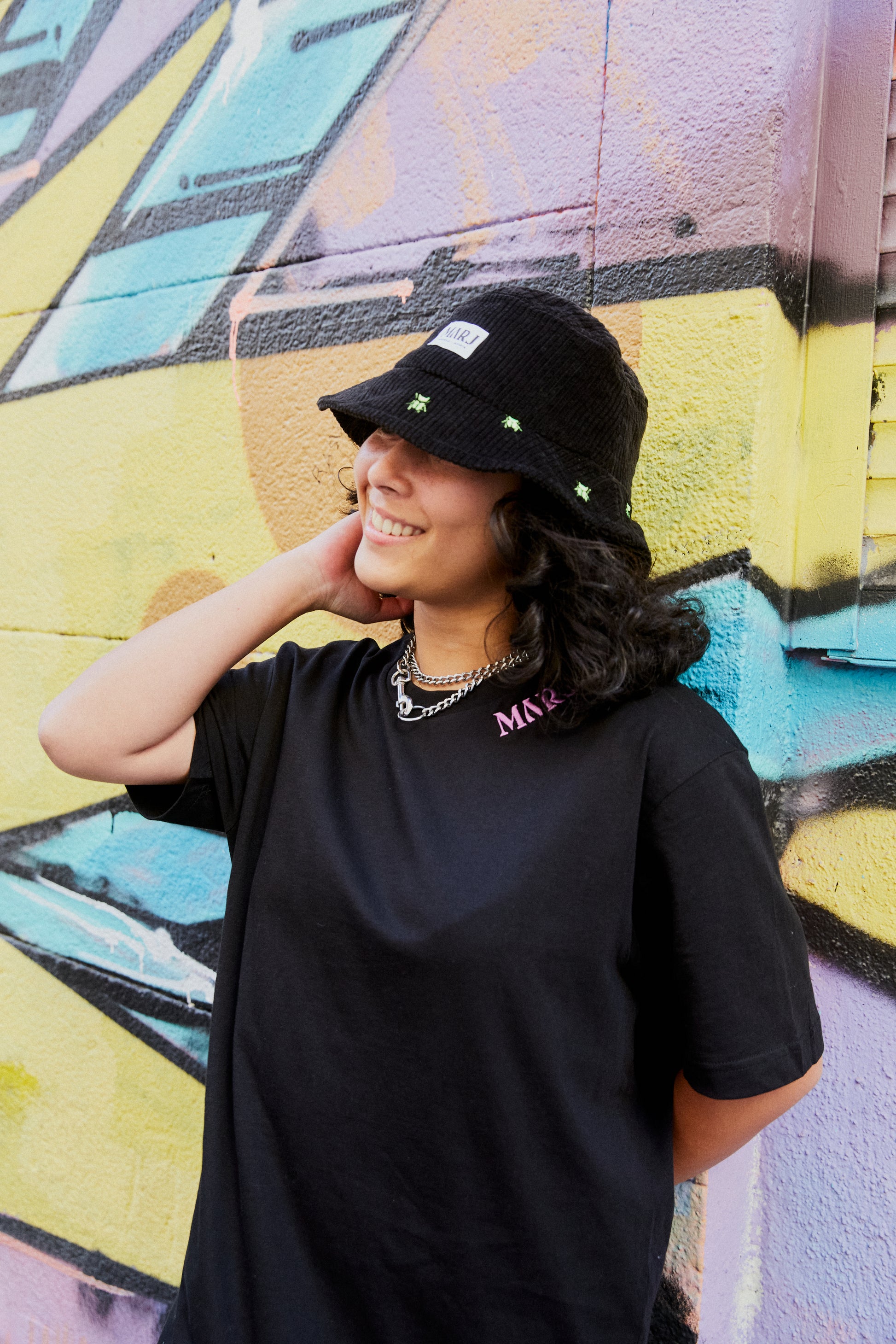 MARJ black corduroy bucket hat with recycled polyester embroidery