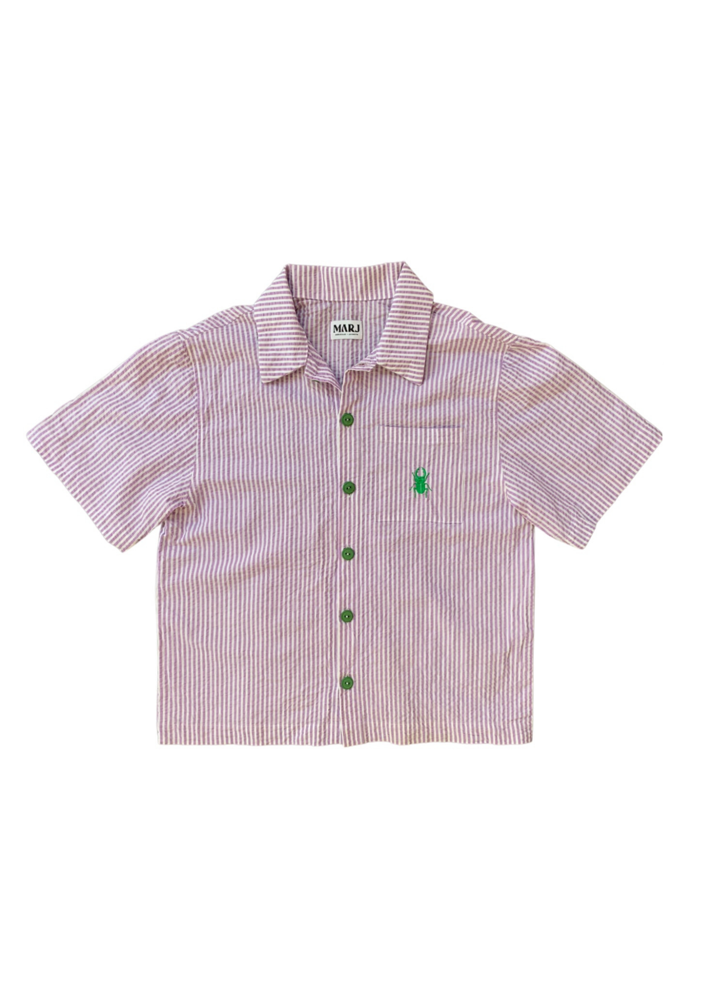 MARJ embroidered short sleeved shirt in lilac cotton seersucker upycling 