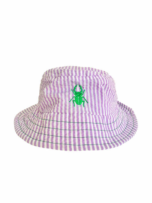 MARJ sustainable bucket hat upcycling fabric lilac lavender white striped seersucker and green beetle 