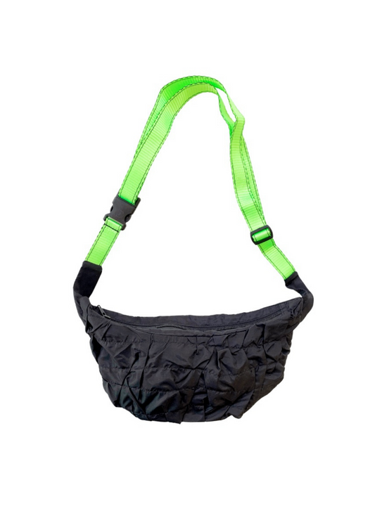MARJ sustainable accessories upcycling bum bag neon green strap and gathered black recycled nylon